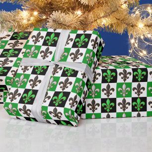 Green Black White Chequered Fleur-de-lis Design Wrapping Paper