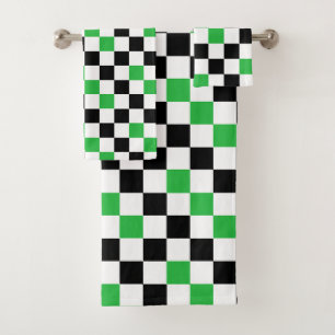 Green Black White Chequered Pattern Design  Bath Towel Set