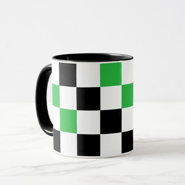 Green Black White Chequered Pattern Design  Mug (Front Left)