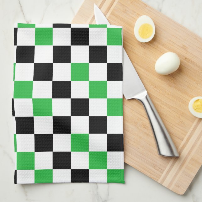 Green Black White Chequered Pattern Design  Tea Towel (Quarter Fold)