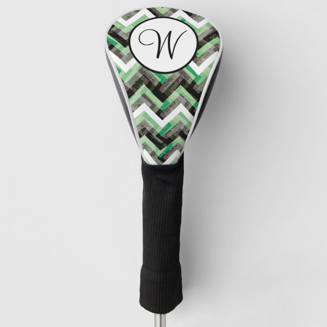 Green Black White Chevron Textured Monogram Golf Head Cover (Front)