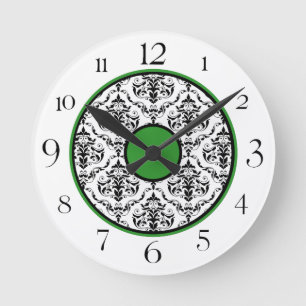 Green Black & White Damask Elegant Round Clock
