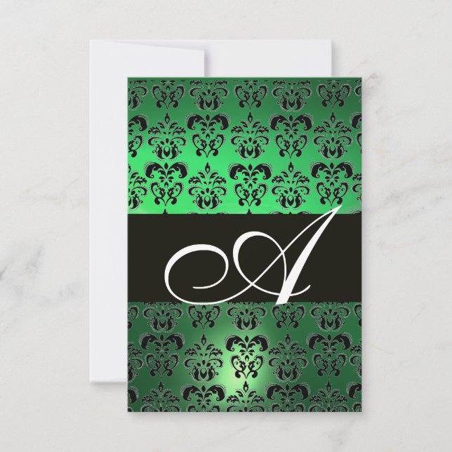 GREEN BLACK  WHITE DAMASK MONOGRAM INVITATION (Front)