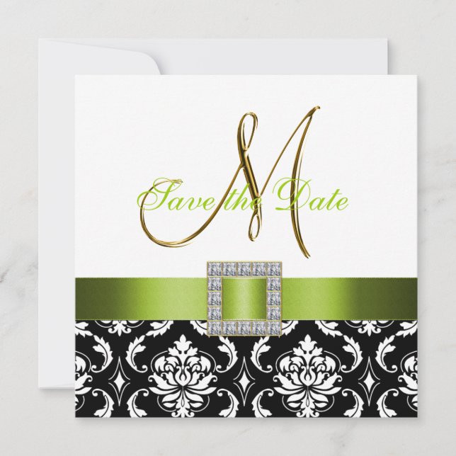 Green Black White Damask Save the Date Card (Front)