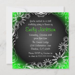 Green black white fade sweet 16 floral invitation
