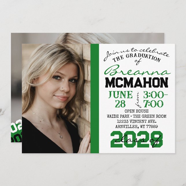 Green, Black & White Graduation 2 Photo Invitation (Repeating Class Year 1 & 2 Photo Graduation Invitations & Announcements)