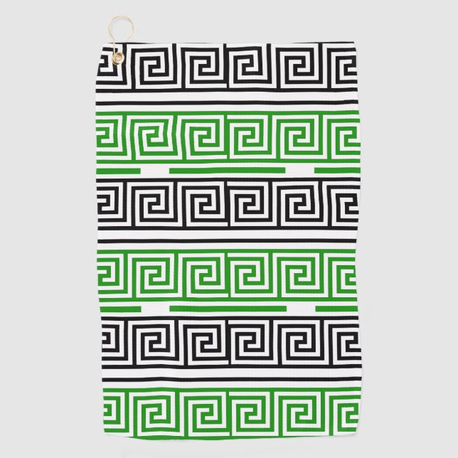 Green Black White Greek Key Fret Pattern Design  Golf Towel (Front)