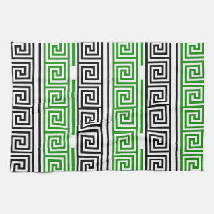 Green Black White Greek Key Fret Pattern Design  Tea Towel