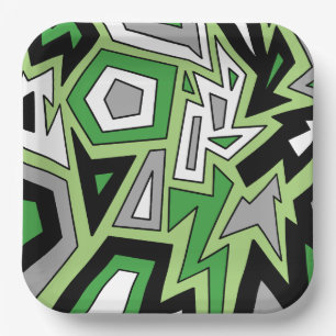 Green Black White Grey Aro Geometric Abstract  Paper Plate