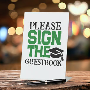 Green, Black & White Guestbook Graduation Table Pedestal Sign