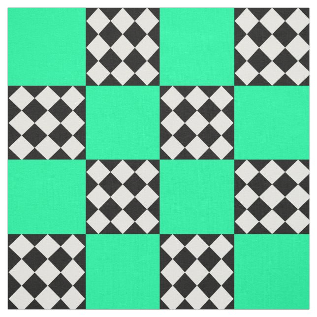 Green Black White Harlequin Square Shape Textile Fabric (Swatch)