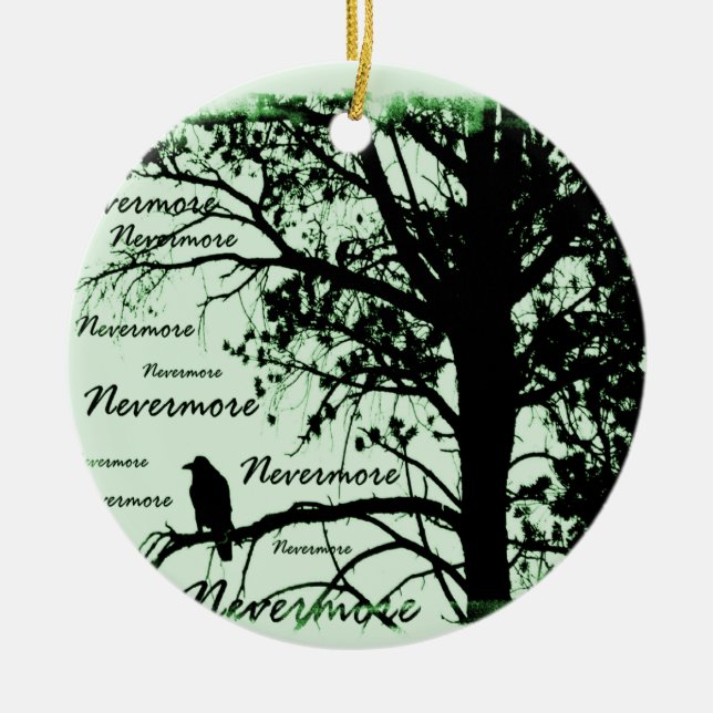 Green Black & White Nevermore Raven Silhouette Ceramic Tree Decoration (Front)