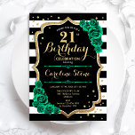 Green Black White Stripes Feminine 21st Birthday Invitation<br><div class="desc">21st Birthday Party Invitation. Elegant floral emerald green design with faux glitter gold and roses. Features black and white stripes and script font. Perfect for a stylish womens bday celebration. Can be customised for any age! Printed Zazzle invitations or instant download digital printable template.</div>