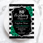 Green Black White Stripes Roses 80th Birthday Invitation<br><div class="desc">80th Birthday Party Invitation. Elegant floral emerald green design with faux glitter silver and roses. Features black and white stripes and script font. Perfect for a stylish womens bday celebration. Can be customised for any age! Printed Zazzle invitations or instant download digital printable template.</div>