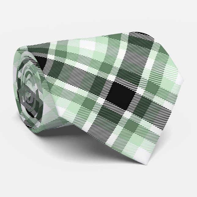 Green, Black, White Tartan Plaid Pattern Tie (Rolled)