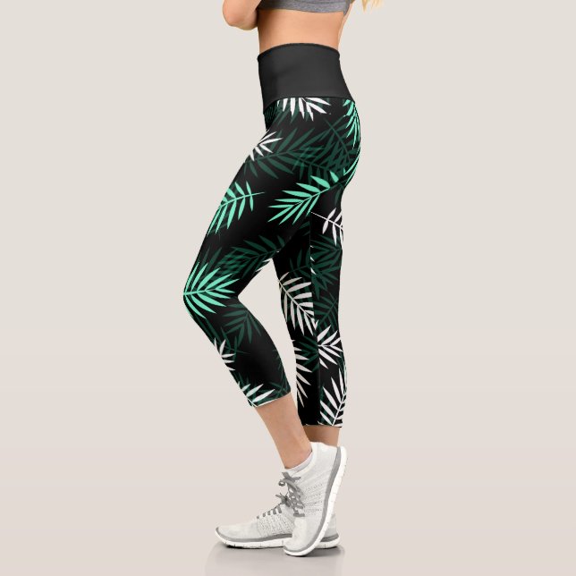 Green Black White Tropical Palm Leaves Pattern Capri Leggings (Left)