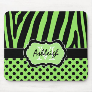 Green, Black, White Zebra Stripe & Dots Mousepad