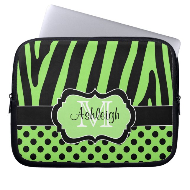 Green Black Zebra Stripes Polka Dots Laptop Case (Front)