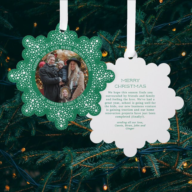 Green Blizzard Dots Snowy Photo Holiday Christmas Tree Decoration Card (Creator Uploaded)