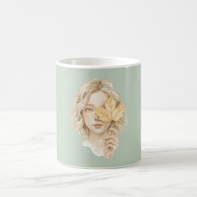 Green Blonde Girl Yellow Leaf Fall Coffee Mug (Center)
