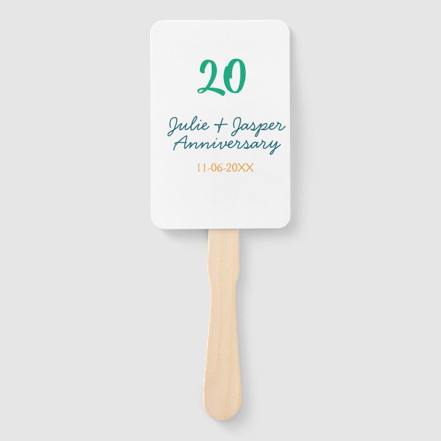 Green blue 20th anniversary name date orange  hand fan (Front)