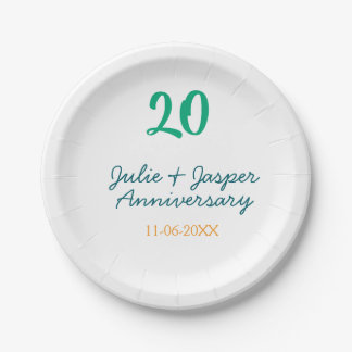 Green blue 20th anniversary name date orange  paper plate