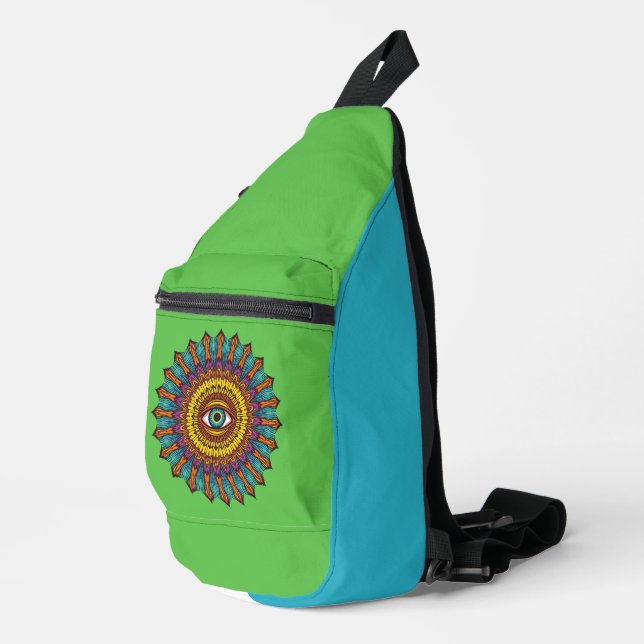 Green Blue 90s Mandala Third Eye Graphic Festival Sling Bag (Right Corner)