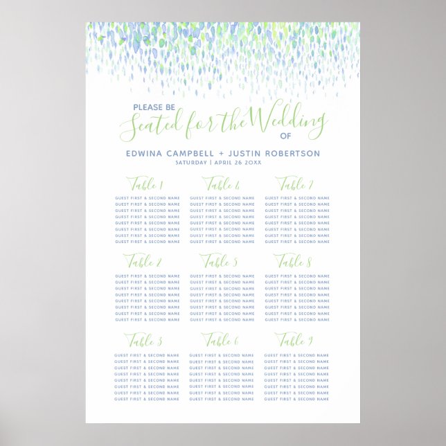 Green blue abstract watercolor wedding table plan poster (Front)
