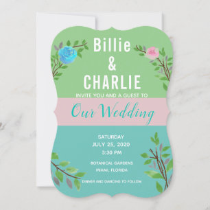 Green, Blue and Pink Flowers Colour Block Wedding Invitation