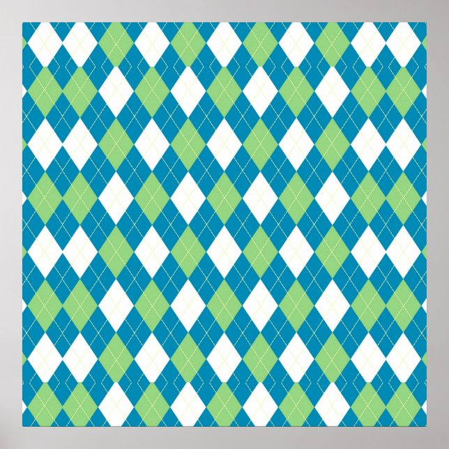Green Blue and White Argyle Pattern Poster (Front)