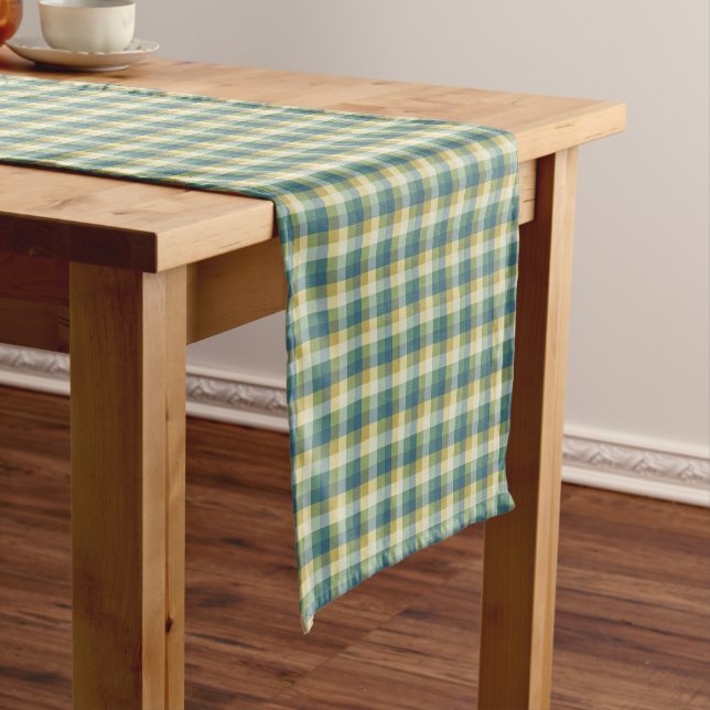 Green, Blue and Yellow Chequered Plaid Short Table Runner (In Situ)