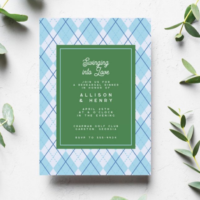 Green Blue Argyle Golf Swing Rehearsal Dinner Invitation (Creator Uploaded)