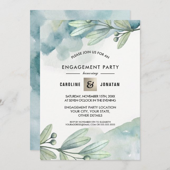 Green | Blue Berry Branch Engagement Party  Invitation (Front/Back)