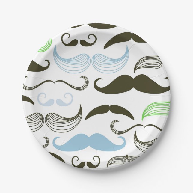 Green, Blue & Black Moustache Design Paper Plate (Front)
