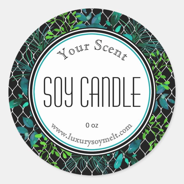 Green Blue Black White Branches Soy Candle Labels (Front)