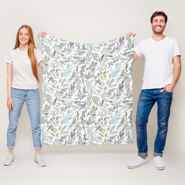 Green Blue Botanical Watercolor Fleece Blanket (In Situ)