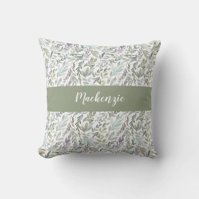 Green Blue Botanical Watercolor Monogram Name Cushion (Front)