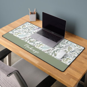 Green Blue Botanical Watercolor Monogram Name Desk Mat