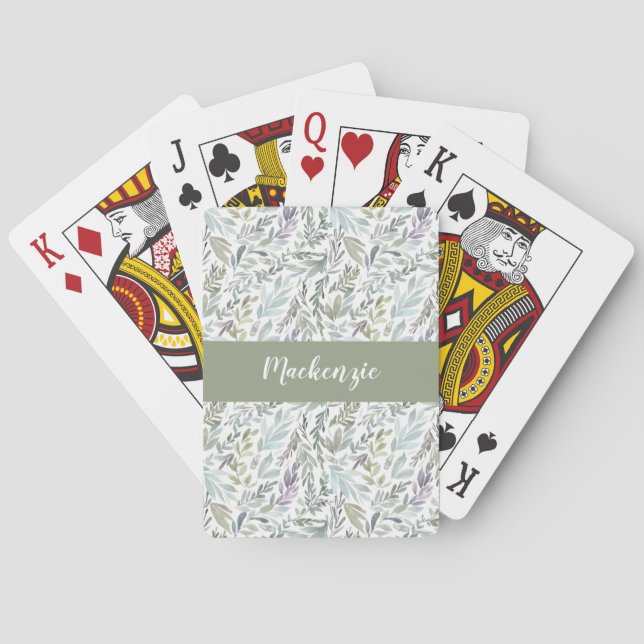 Green Blue Botanical Watercolor Monogram Name Playing Cards (Back)