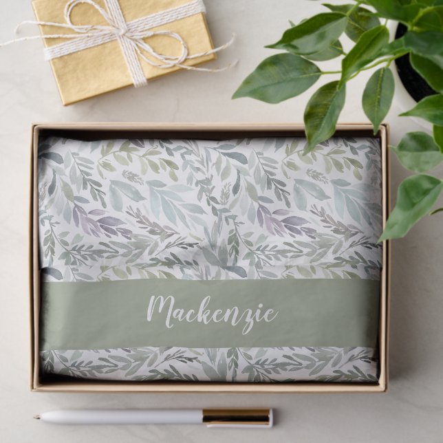 Green Blue Botanical Watercolor Monogram Name Tissue Paper (Gift)
