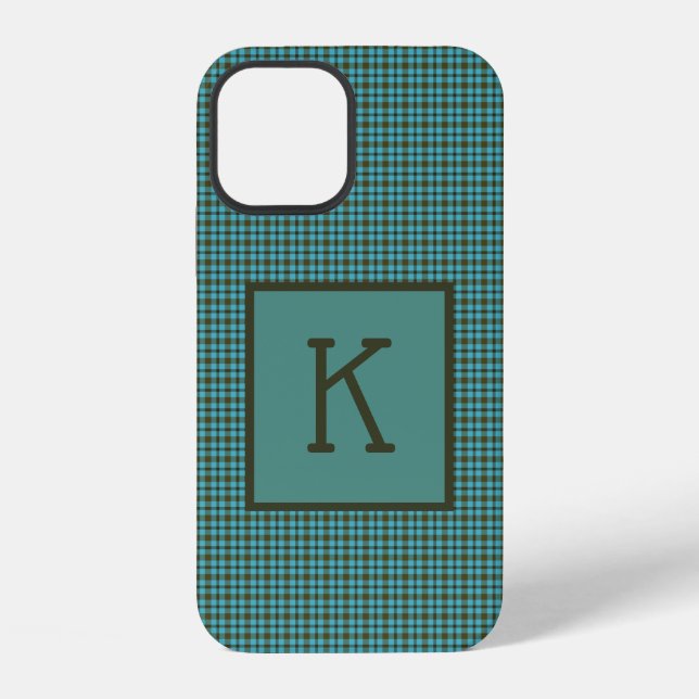Green Blue Brown Black Plaid Monogram iPhone Case (Back)