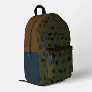 green, blue, brown, bronze, and black polka dot printed backpack