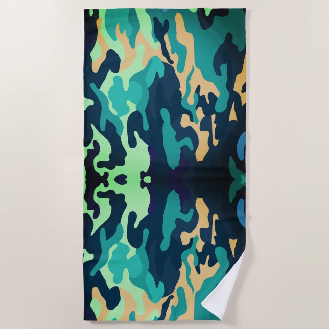 Green Blue Camouflage Beach Towel (Front)