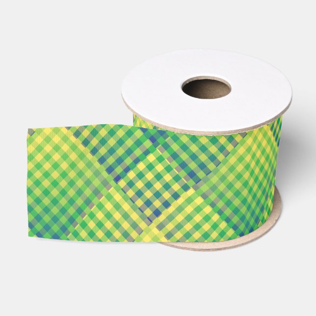 Green Blue Checker Abstract Pattern Grosgrain Ribbon (Spool)