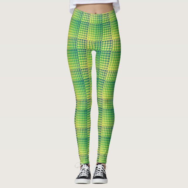 Green Blue Checker Abstract Pattern Leggings (Front)