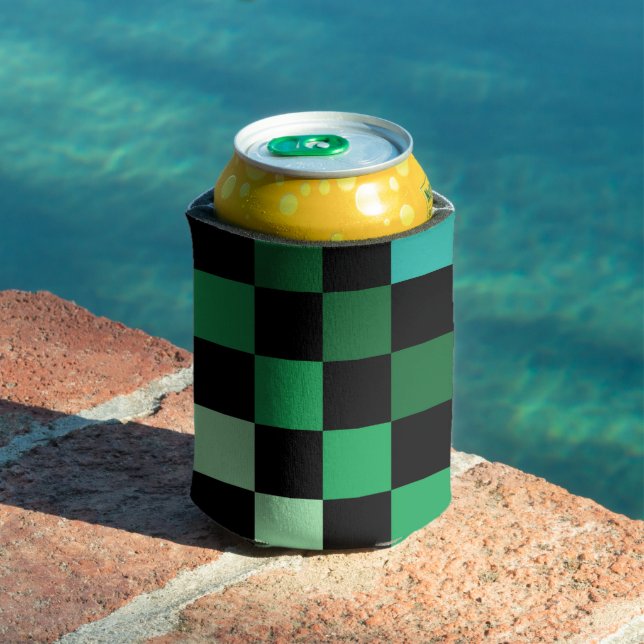 Green Blue Chequerboard Retro Checks Can Cooler (In Situ Pool)