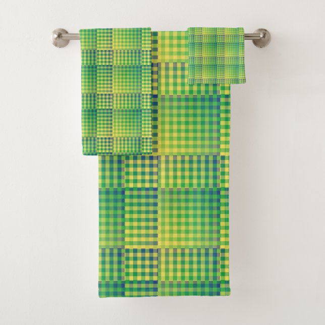 Green Blue Chequered Abstract Pattern Bath Towel Set (Insitu)