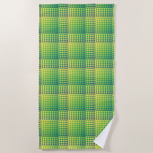 Green Blue Chequered Abstract Pattern Beach Towel (Front)