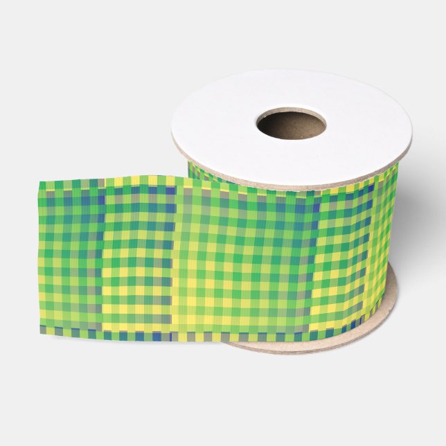 Green Blue Chequered Abstract Pattern Grosgrain Ribbon (Spool)