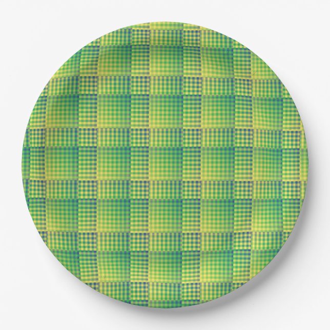 Green Blue Chequered Abstract Pattern Paper Plate (Front)